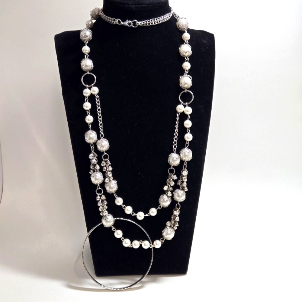 Long Silvertone Faux Pearl Crystal Filigree Necklace Matching Bangle Bracelet